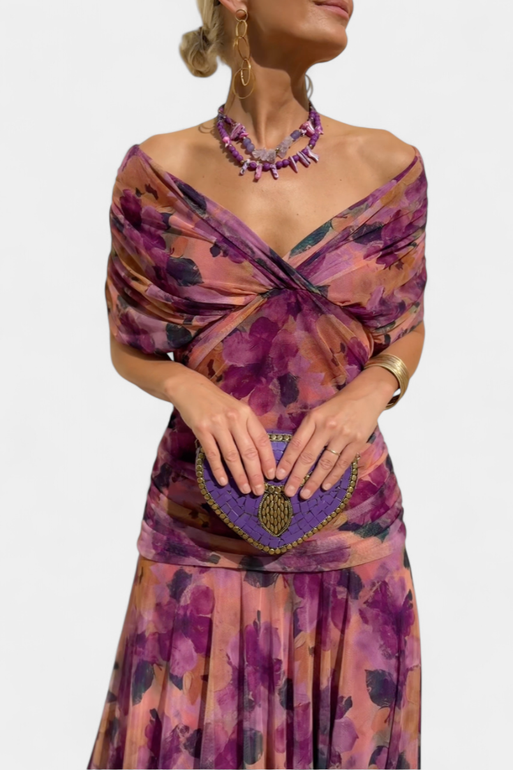 Vestido Largo con Estampado Floral Fantasía y Escote en V