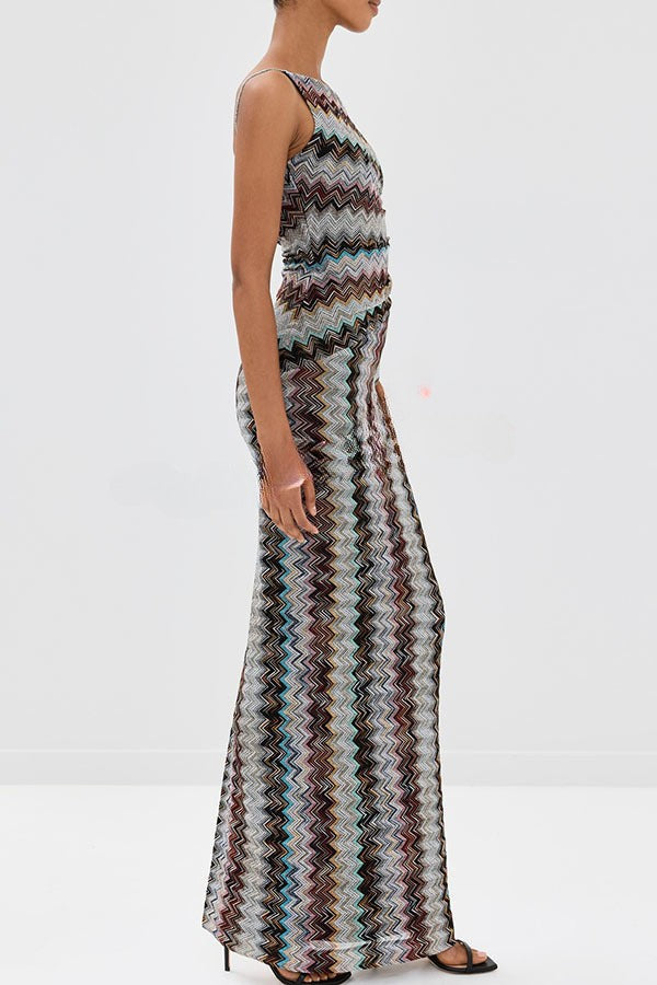 Zahara – Vestido maxi de punto zig-zag de un solo hombro