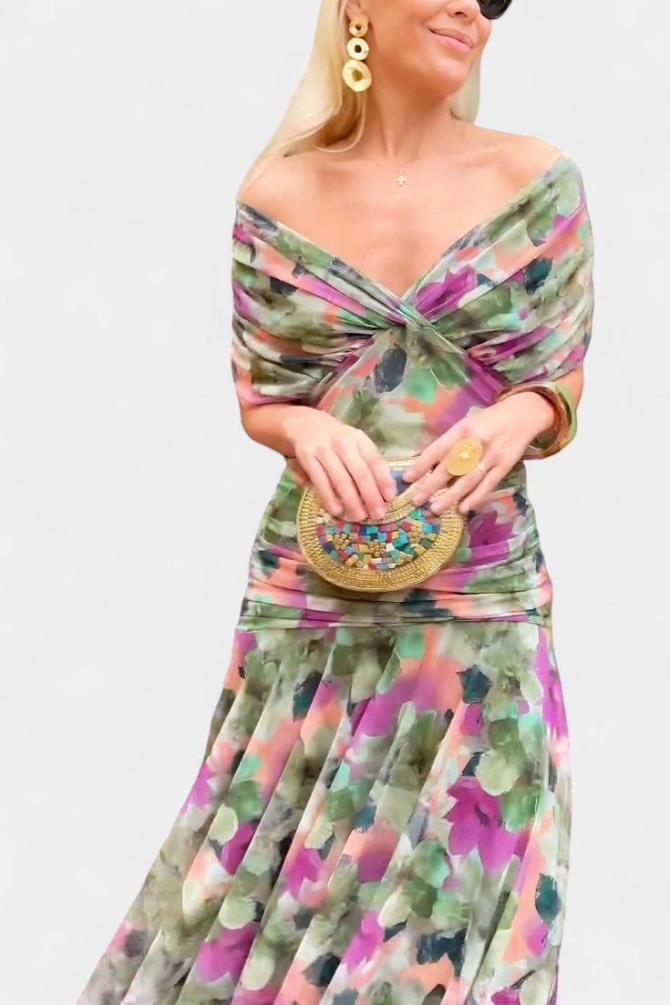 Vestido Largo con Estampado Floral Fantasía y Escote en V