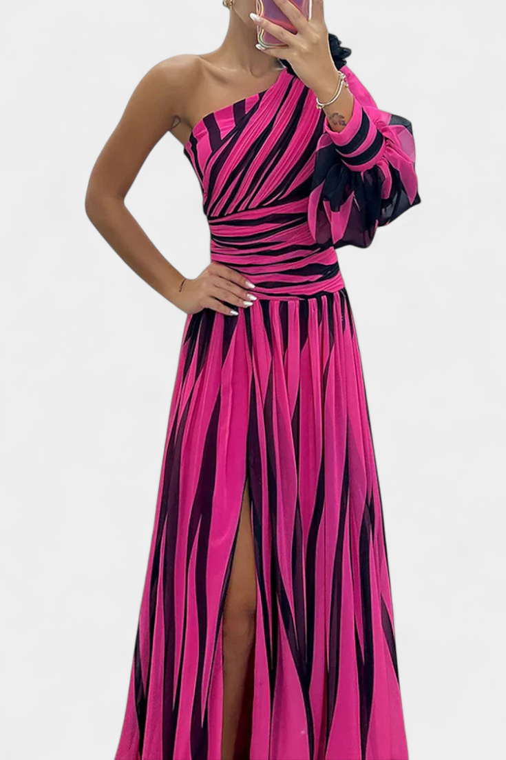 Vestido Maxí Elegante de Rayas con Un Solo Hombro
