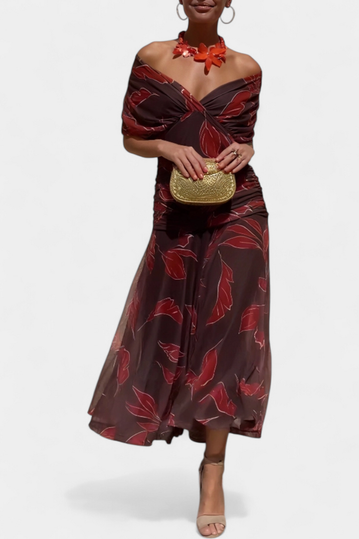 Vestido Largo con Estampado Floral Fantasía y Escote en V