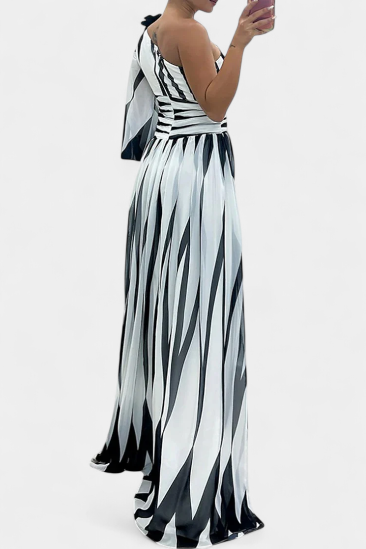 Vestido Maxí Elegante de Rayas con Un Solo Hombro