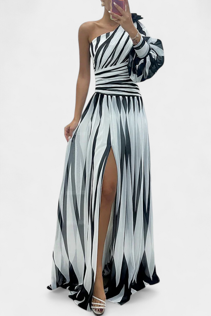 Vestido Maxí Elegante de Rayas con Un Solo Hombro
