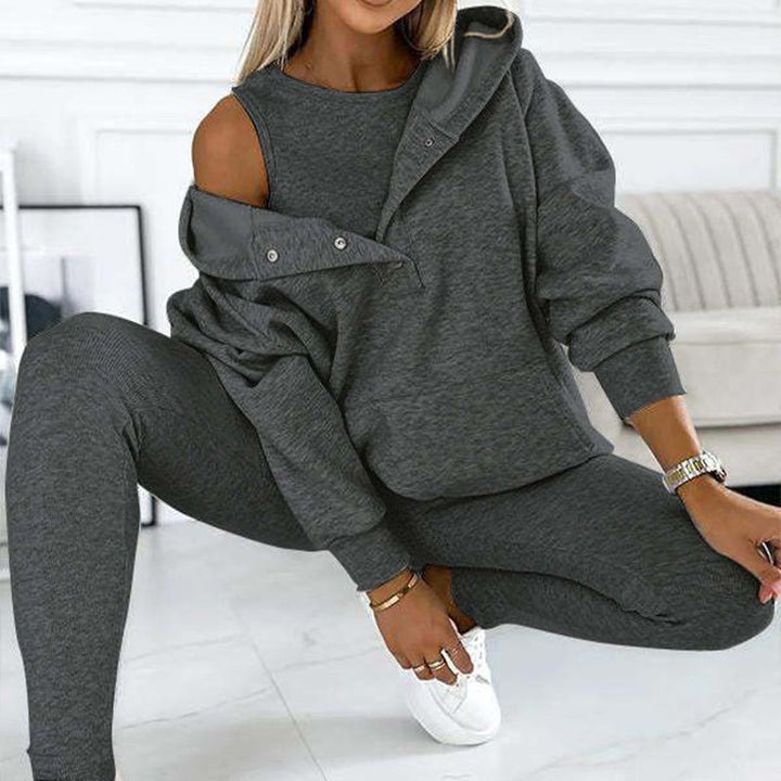 Conjunto deportivo Carmen 2025: sudadera con capucha + top ajustado + pantalón (set de 3 piezas)