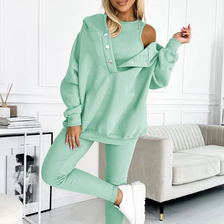 Conjunto deportivo Carmen 2025: sudadera con capucha + top ajustado + pantalón (set de 3 piezas)