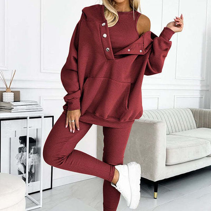 Conjunto deportivo Carmen 2025: sudadera con capucha + top ajustado + pantalón (set de 3 piezas)
