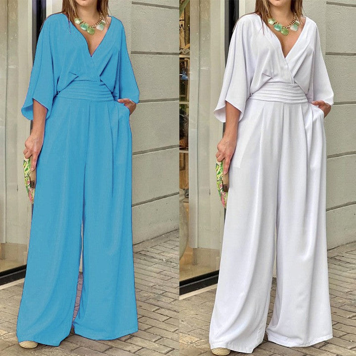 Samara - Mono elegante con escote en pico y pierna ancha
