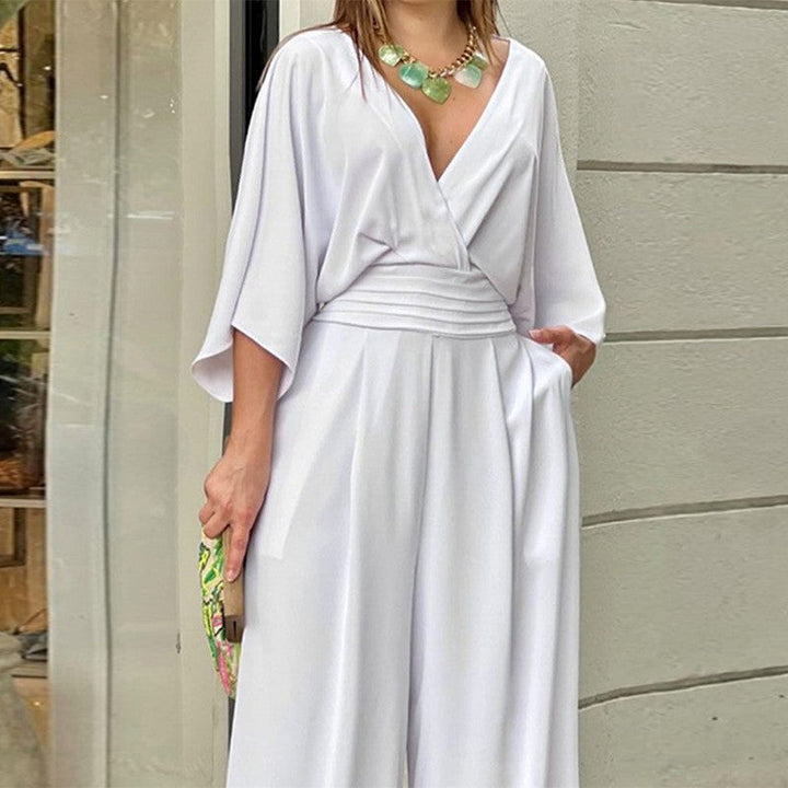 Samara - Mono elegante con escote en pico y pierna ancha