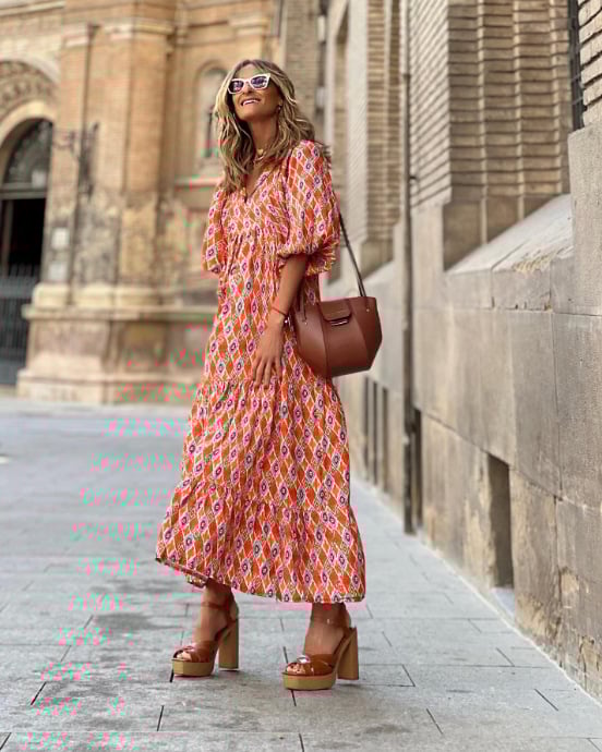 Violeta - Vestido largo bohemio floral con mangas amplias