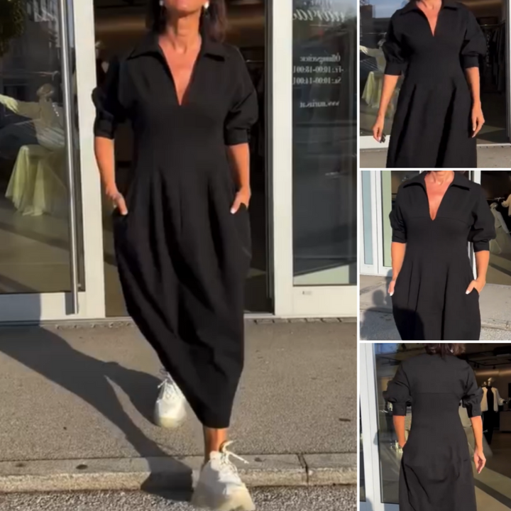 Victoria - Vestido midi con escote en V, solapas y cintura marcada
