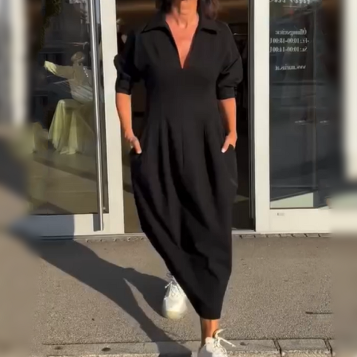 Victoria - Vestido midi con escote en V, solapas y cintura marcada