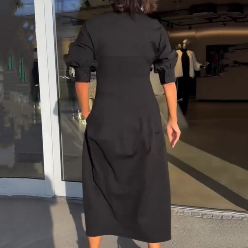 Victoria - Vestido midi con escote en V, solapas y cintura marcada