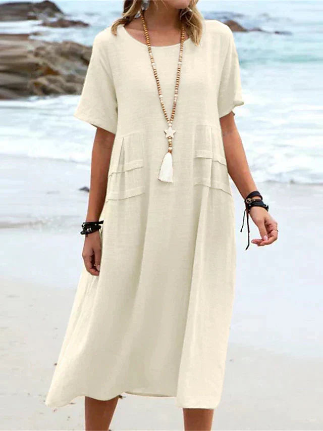 Mila – Vestido bohemio de algodón-lino con bolsillos