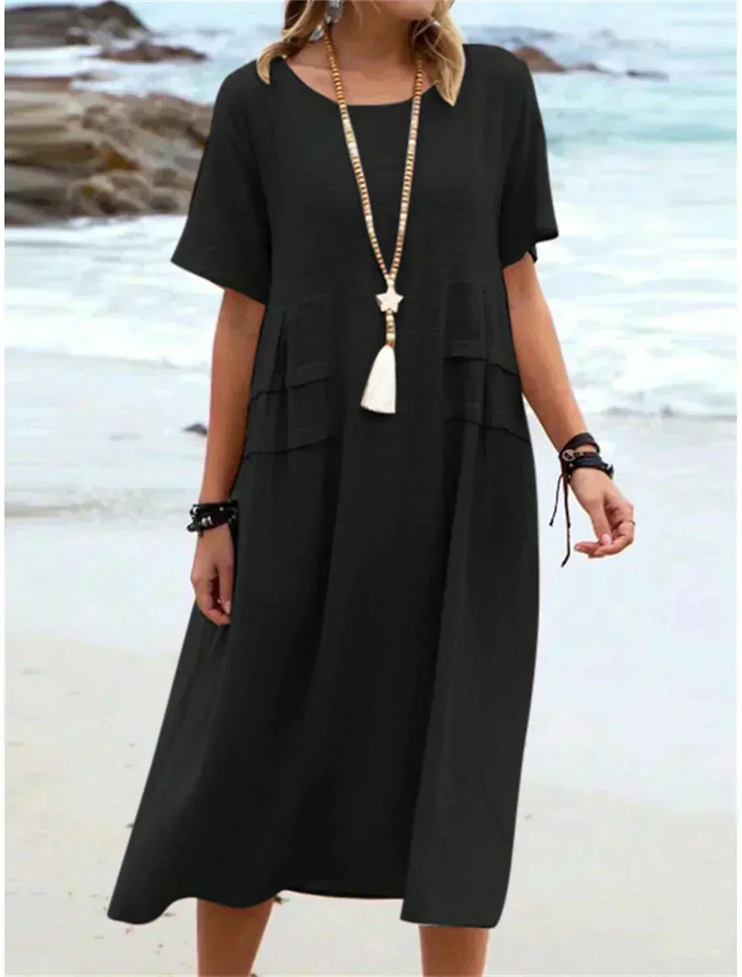 Mila – Vestido bohemio de algodón-lino con bolsillos