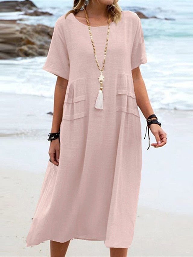 Mila – Vestido bohemio de algodón-lino con bolsillos