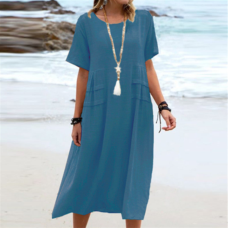 Mila – Vestido bohemio de algodón-lino con bolsillos