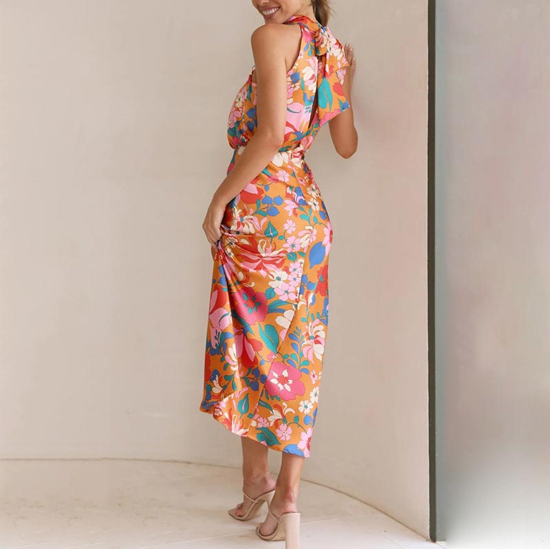 Vestido floral maxi satinado