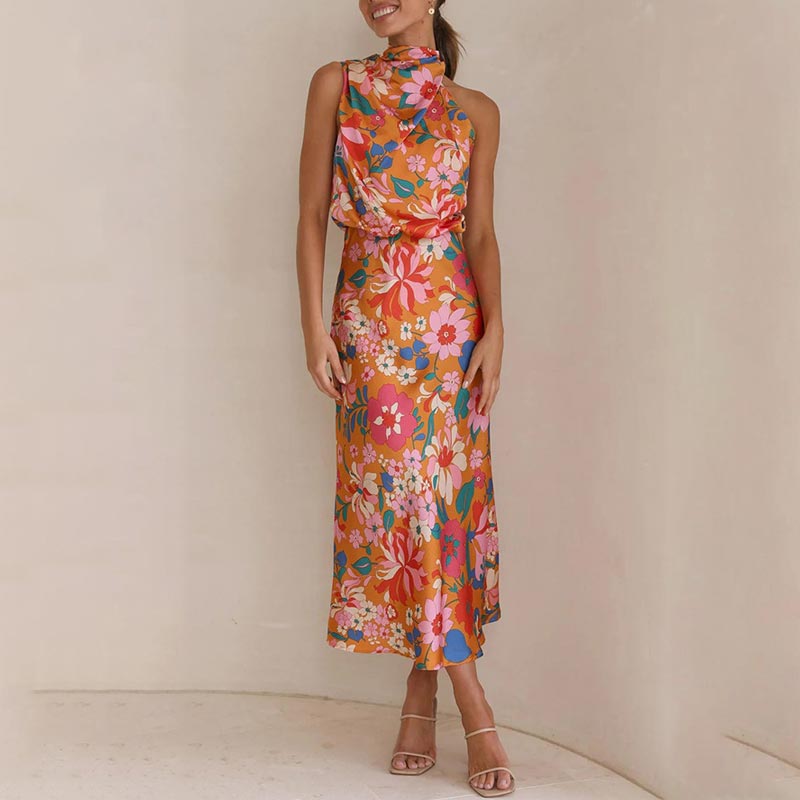 Vestido floral maxi satinado