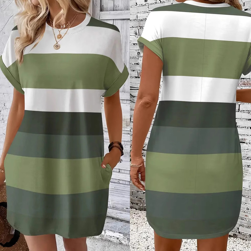 Zoe – Vestido camiseta a rayas pastel con bolsillos