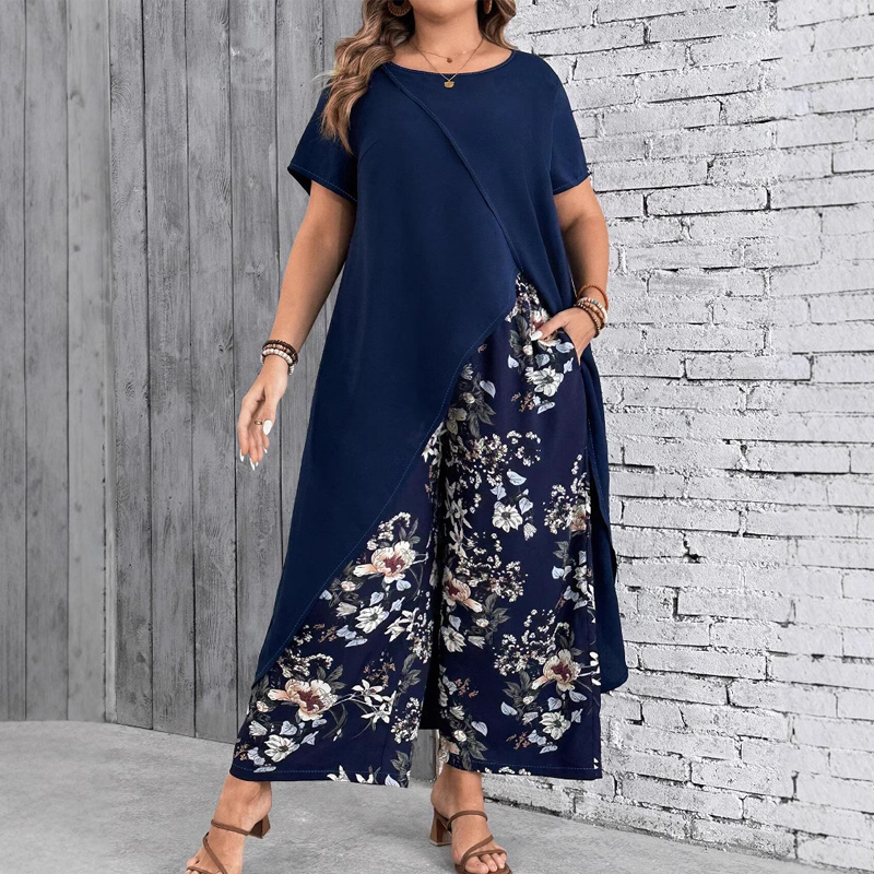 Conjunto de top liso y pantalón estampado