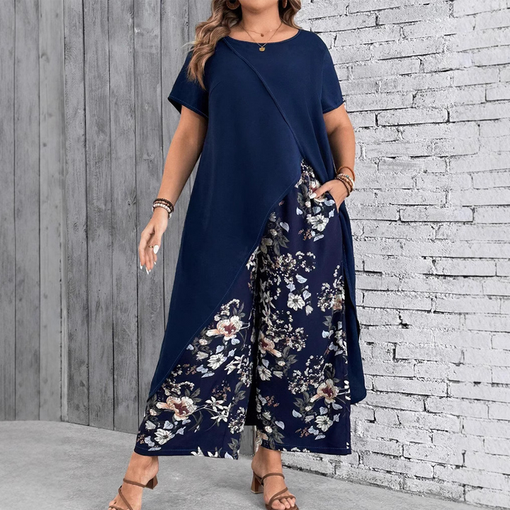Conjunto de top liso y pantalón estampado