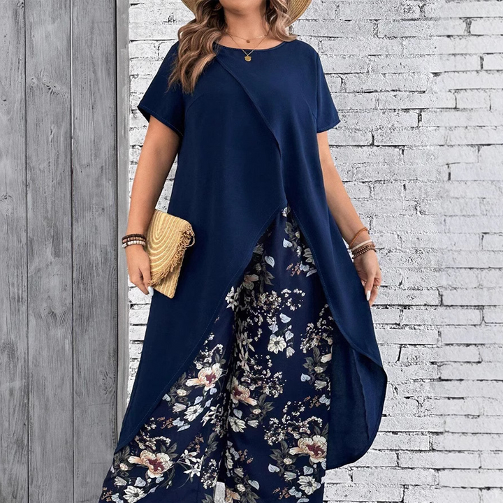 Conjunto de top liso y pantalón estampado
