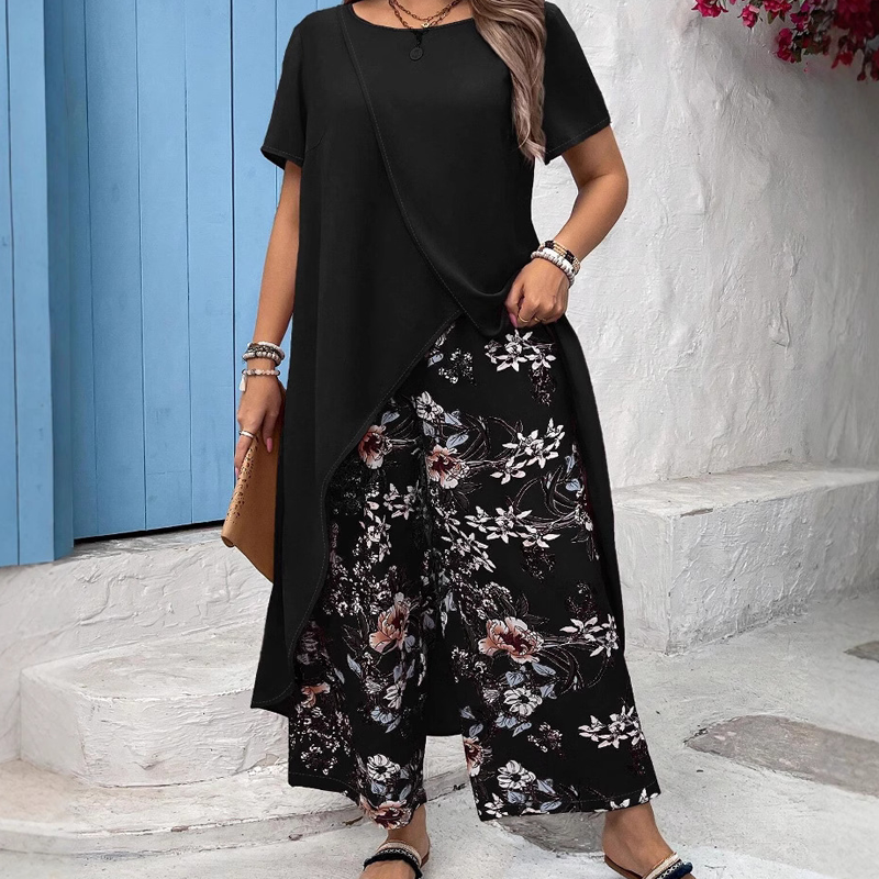 Conjunto de top liso y pantalón estampado