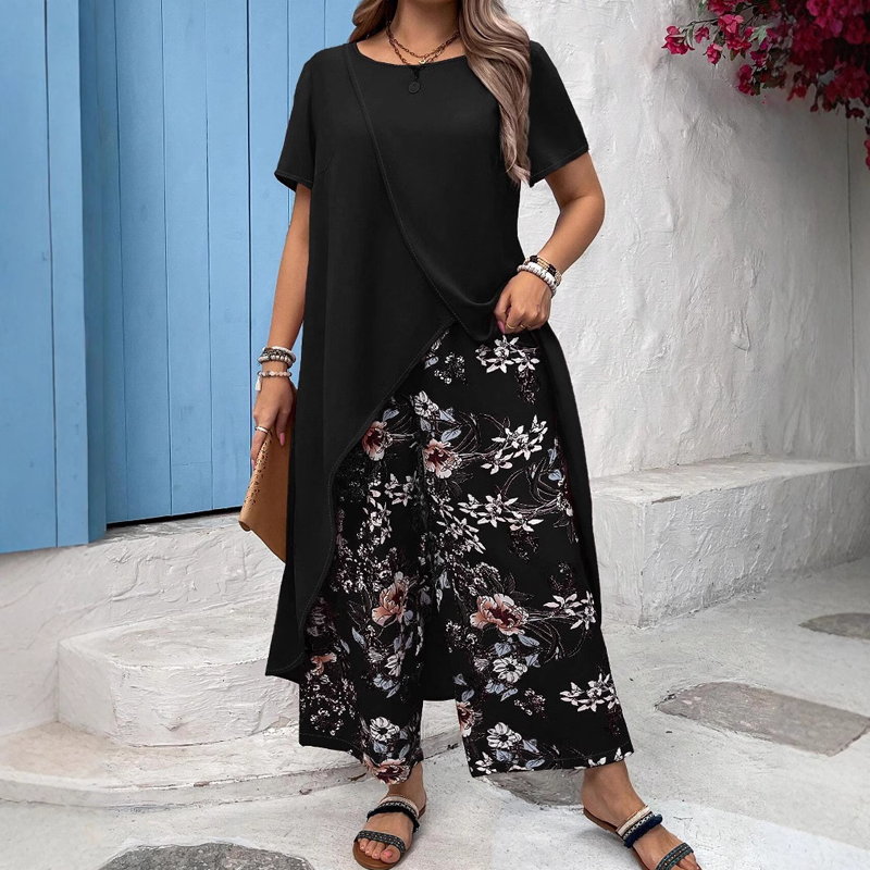 Conjunto de top liso y pantalón estampado