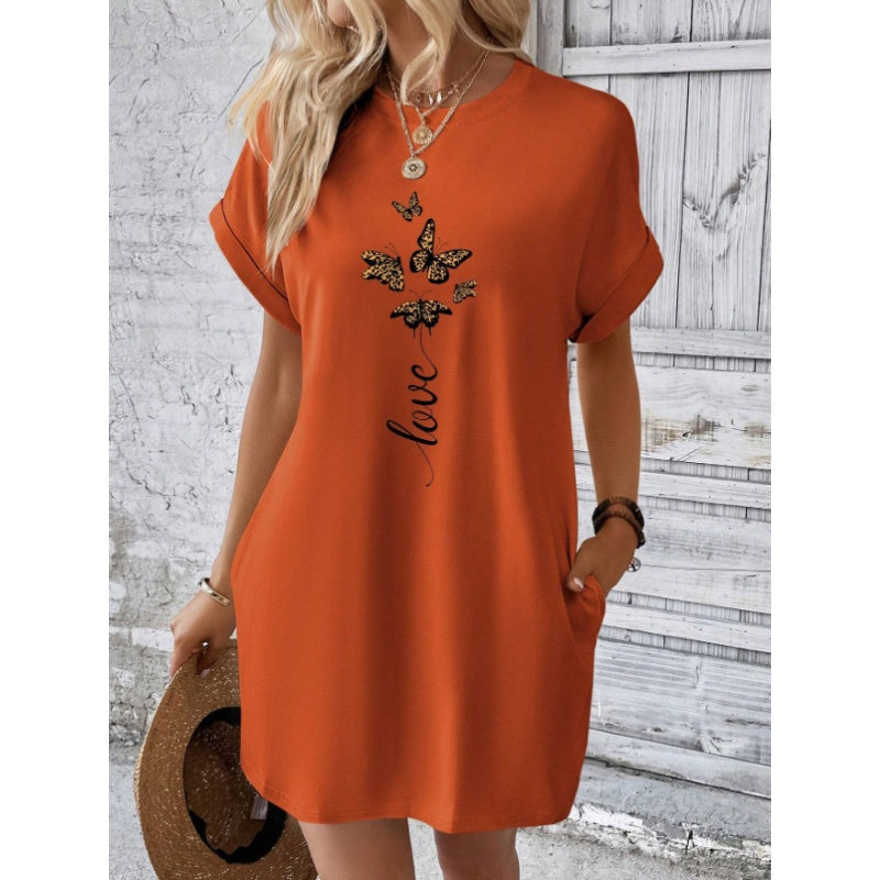 Vestido casual con cuello redondo y mariposas bordadas