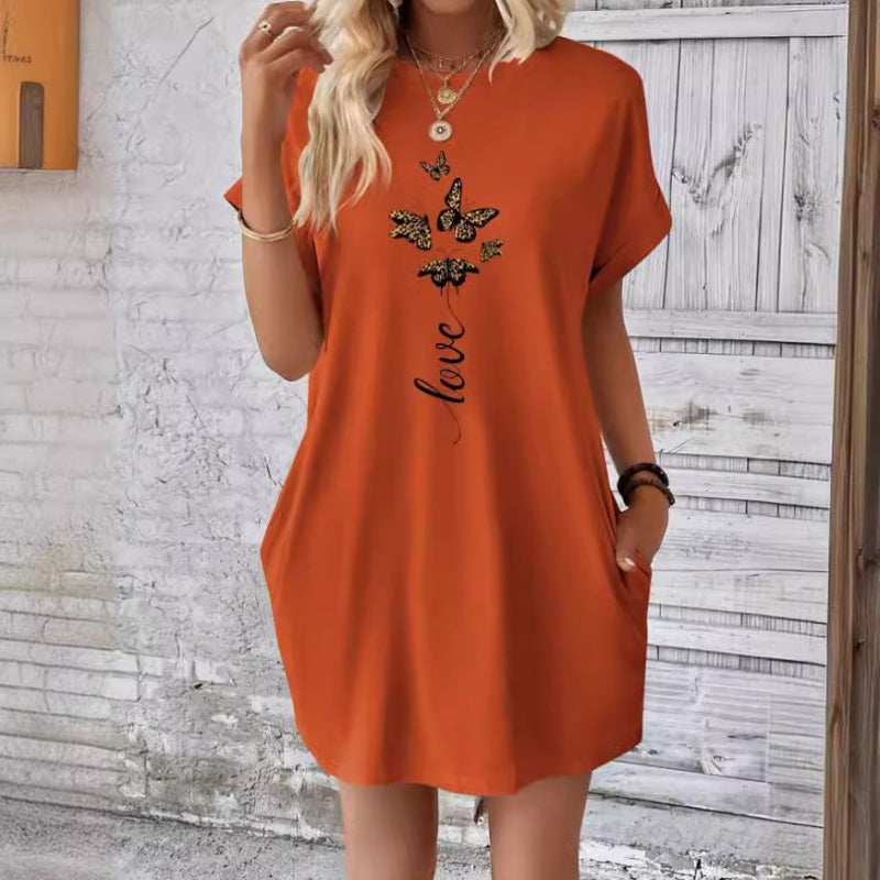 Vestido casual con cuello redondo y mariposas bordadas
