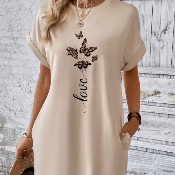 Vestido casual con cuello redondo y mariposas bordadas