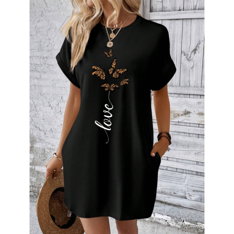 Vestido casual con cuello redondo y mariposas bordadas