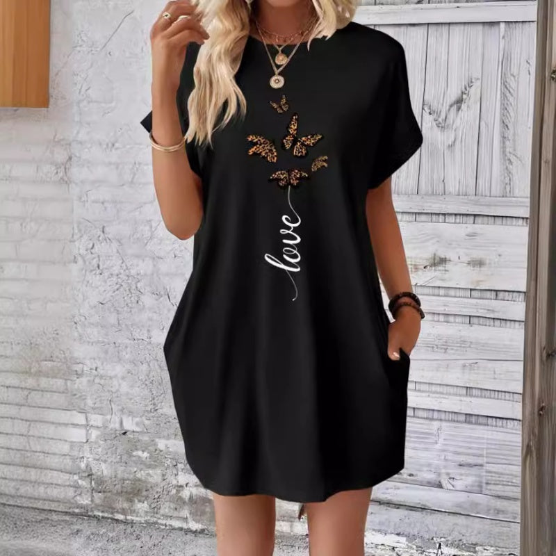 Vestido casual con cuello redondo y mariposas bordadas