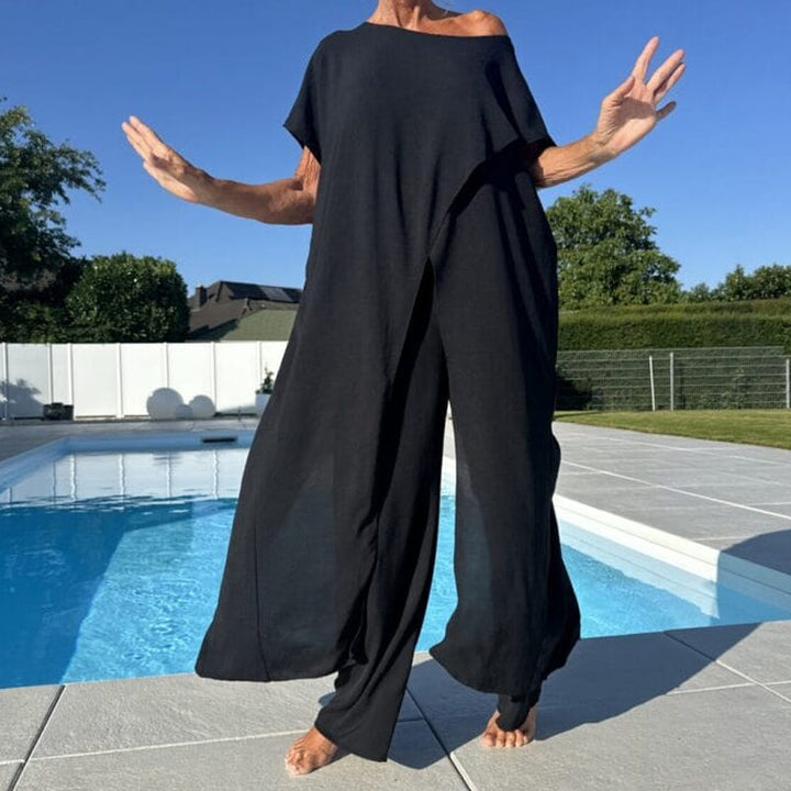 Conjunto de top y pantalón de color liso con hombros descubiertos