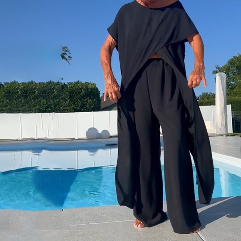 Conjunto de top y pantalón de color liso con hombros descubiertos