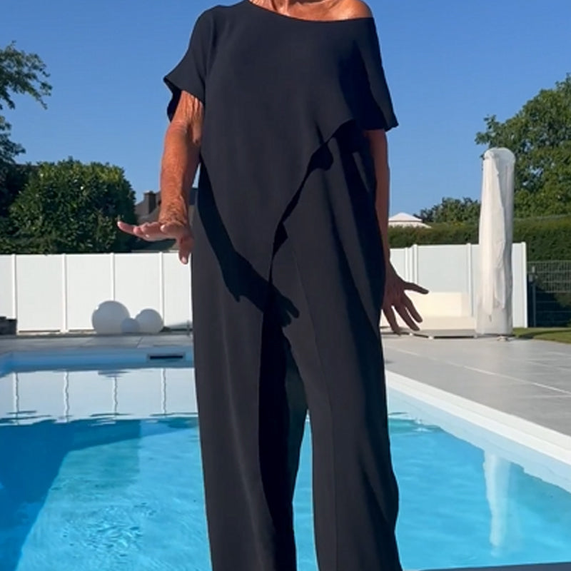Conjunto de top y pantalón de color liso con hombros descubiertos