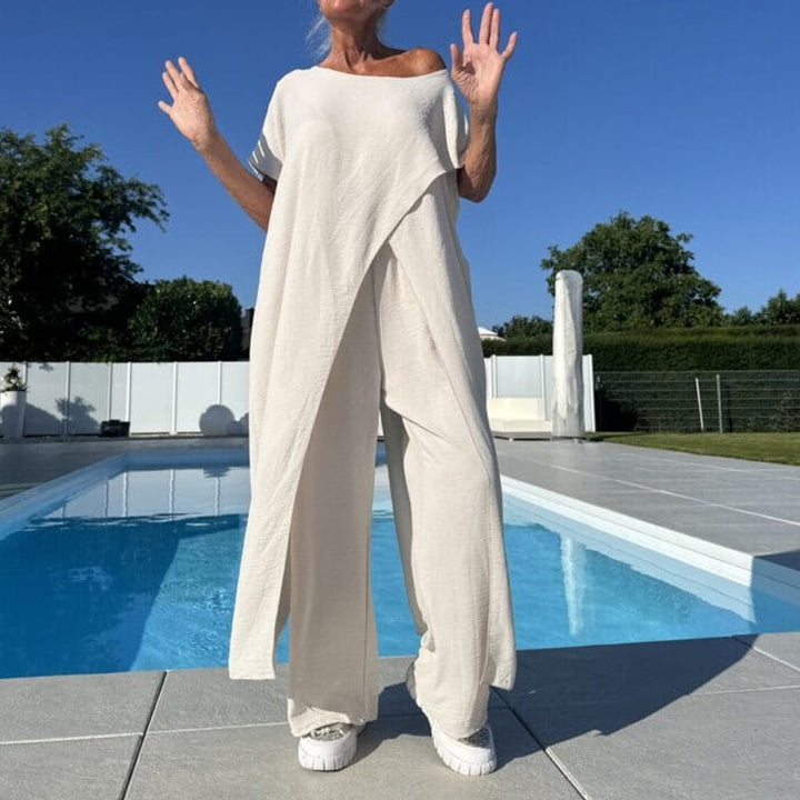 Conjunto de top y pantalón de color liso con hombros descubiertos