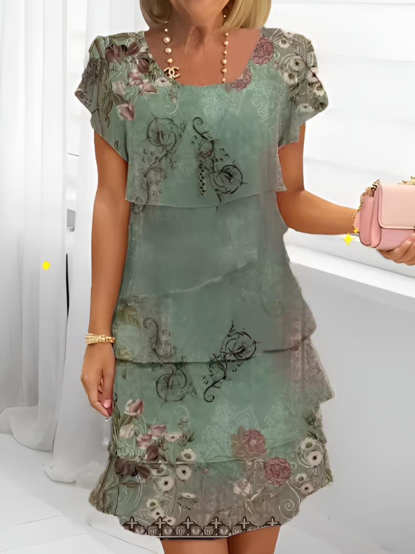 Vestido elegante con cuello redondo y estampado floral