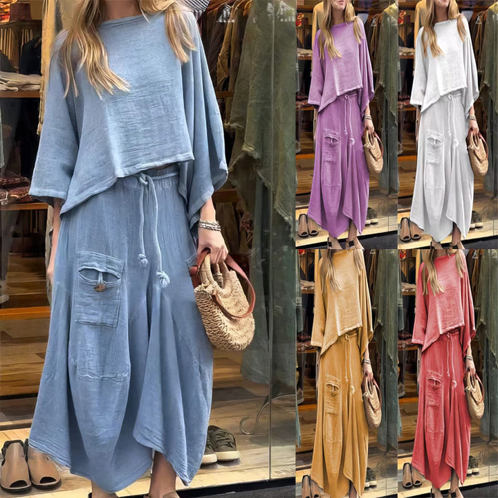 Angella - Conjunto casual de dos piezas: blusa de cuello redondo y falda de ajuste holgado