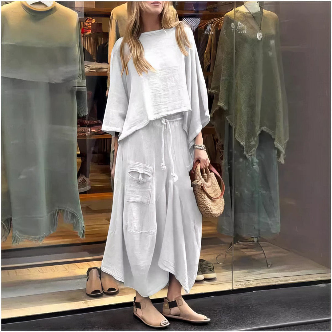 Angella - Conjunto casual de dos piezas: blusa de cuello redondo y falda de ajuste holgado