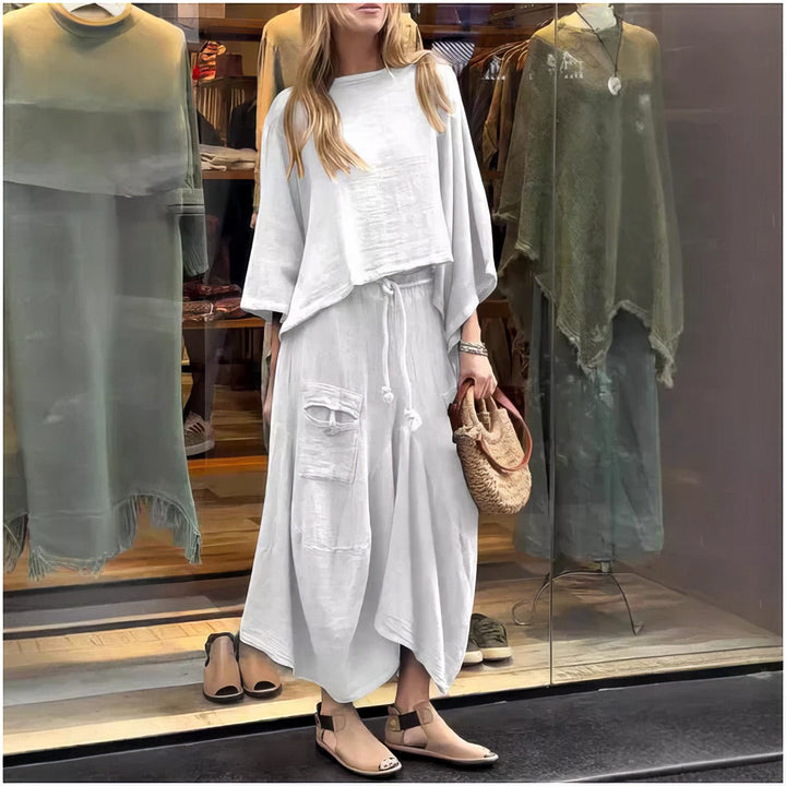 Angella - Conjunto casual de dos piezas: blusa de cuello redondo y falda de ajuste holgado