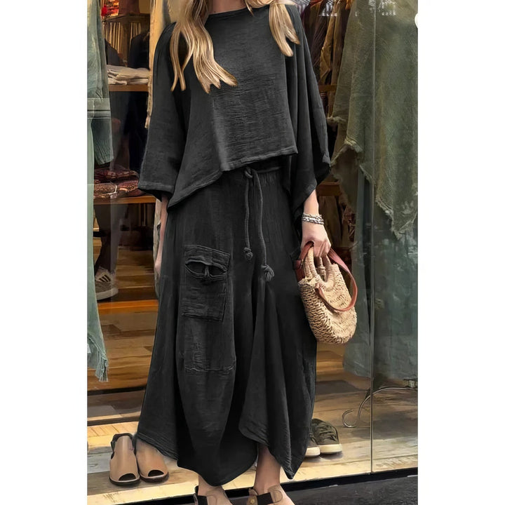 Angella - Conjunto casual de dos piezas: blusa de cuello redondo y falda de ajuste holgado