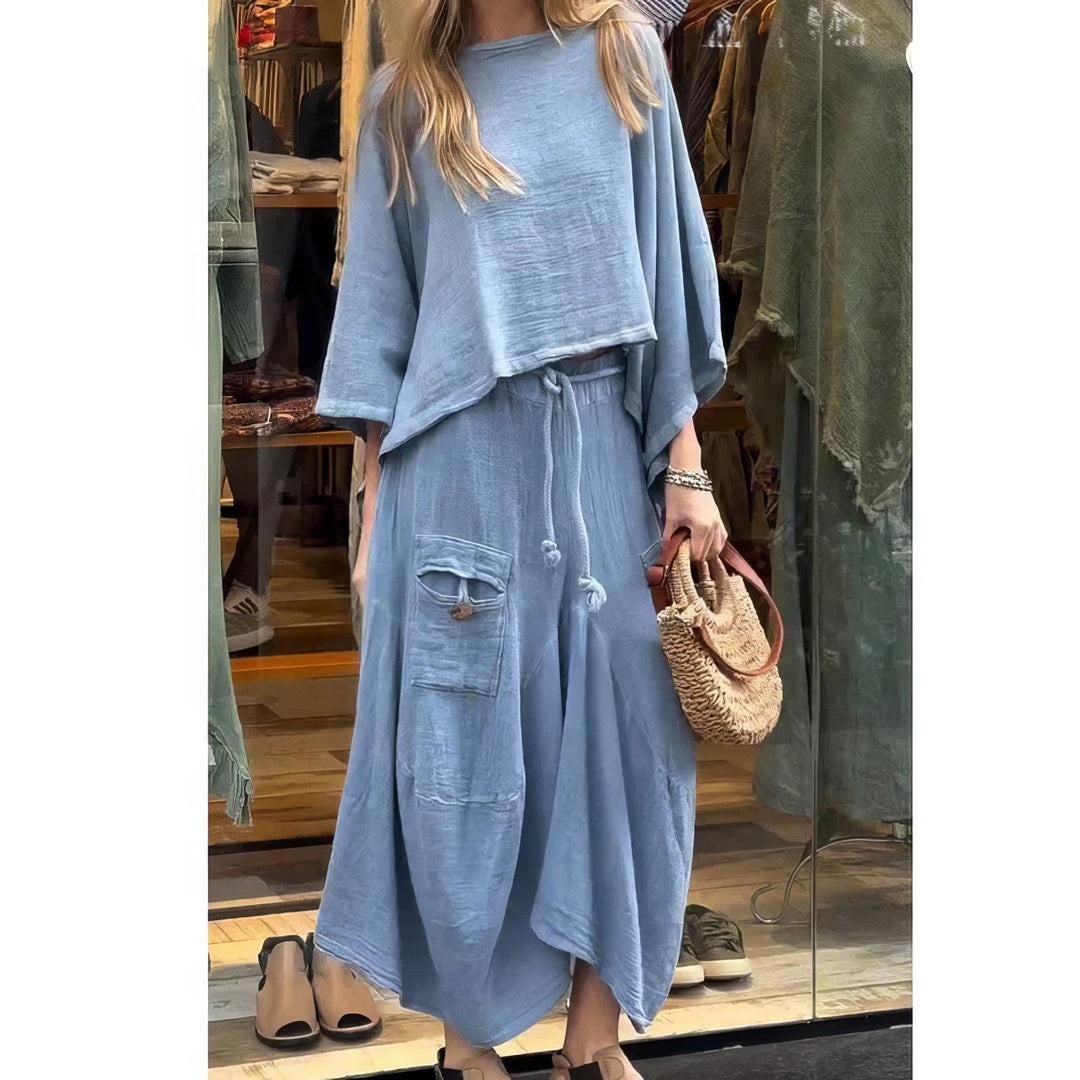 Angella - Conjunto casual de dos piezas: blusa de cuello redondo y falda de ajuste holgado