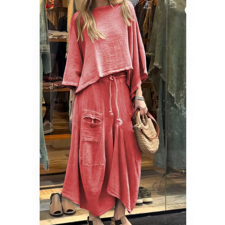 Angella - Conjunto casual de dos piezas: blusa de cuello redondo y falda de ajuste holgado