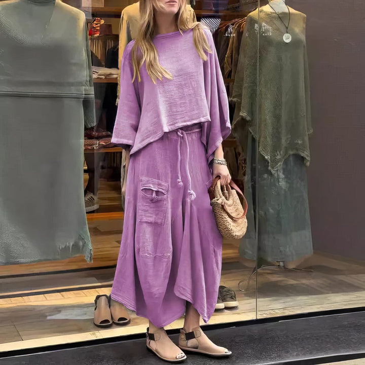 Angella - Conjunto casual de dos piezas: blusa de cuello redondo y falda de ajuste holgado