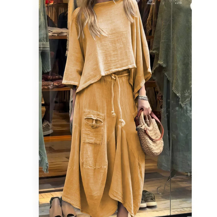 Angella - Conjunto casual de dos piezas: blusa de cuello redondo y falda de ajuste holgado